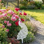 Dekoracja ogrodowa paw do wbicia w ziemię Paw Królewski – ażurowy paw z ozdobnym ogonem (AI Edited)