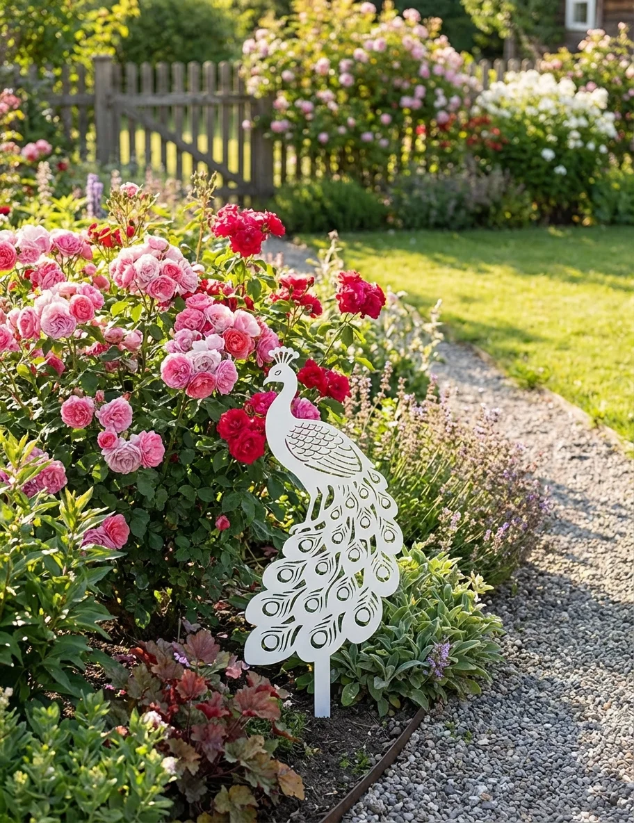 Dekoracja ogrodowa paw do wbicia w ziemię Paw Królewski – ażurowy paw z ozdobnym ogonem (AI Edited)