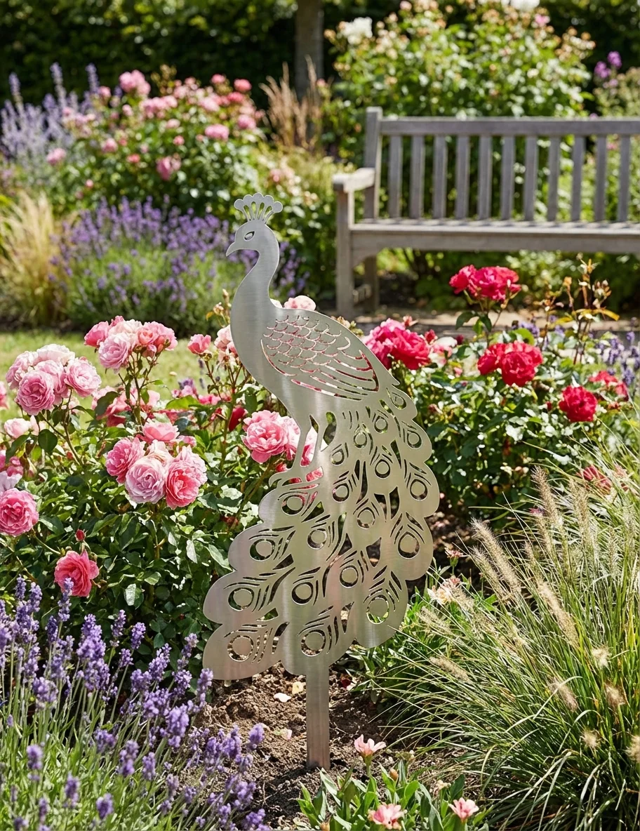 Dekoracja ogrodowa paw do wbicia w ziemię Paw Królewski – ażurowy paw z ozdobnym ogonem (AI Edited)