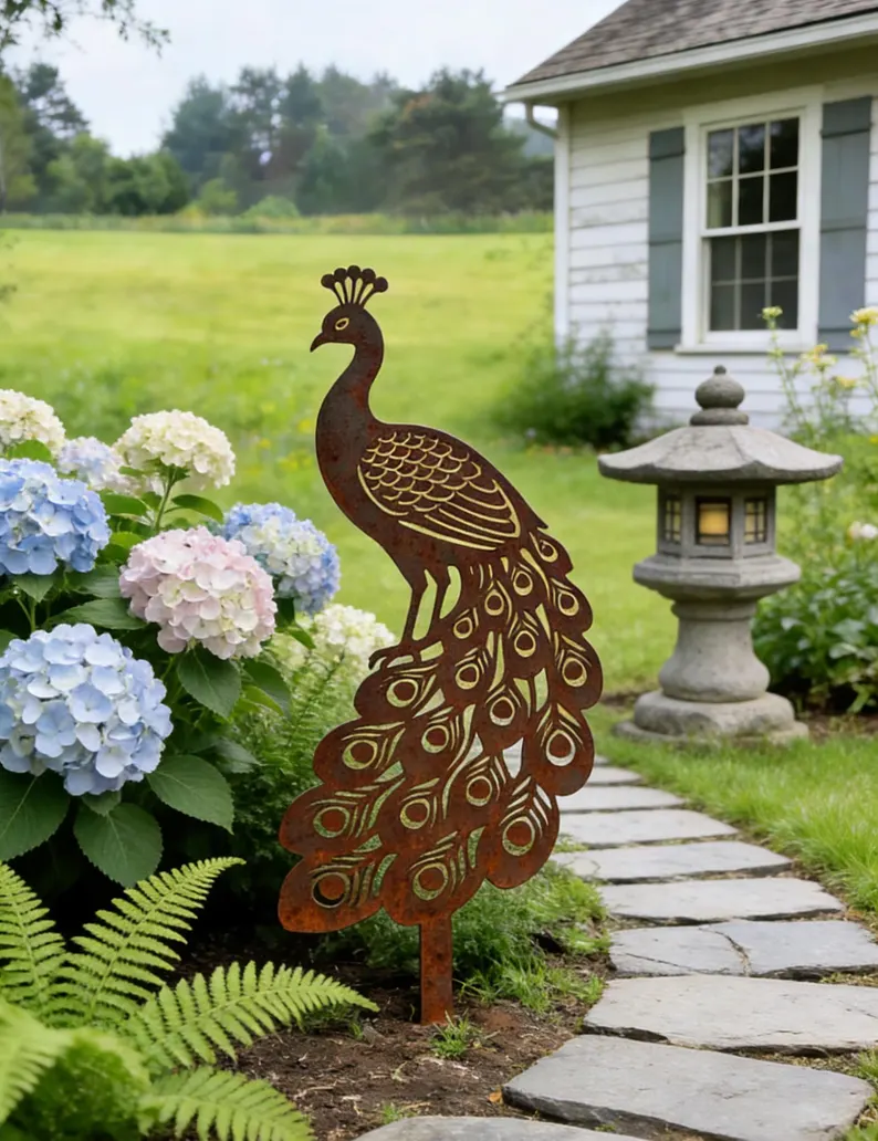 Dekoracja ogrodowa paw do wbicia w ziemię Paw Królewski – ażurowy paw z ozdobnym ogonem