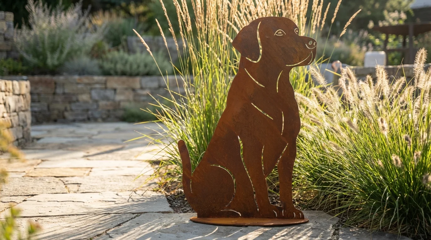 Metalowa dekoracja ogrodowa Pies – wolnostojąca sylwetka z metalu (corten)