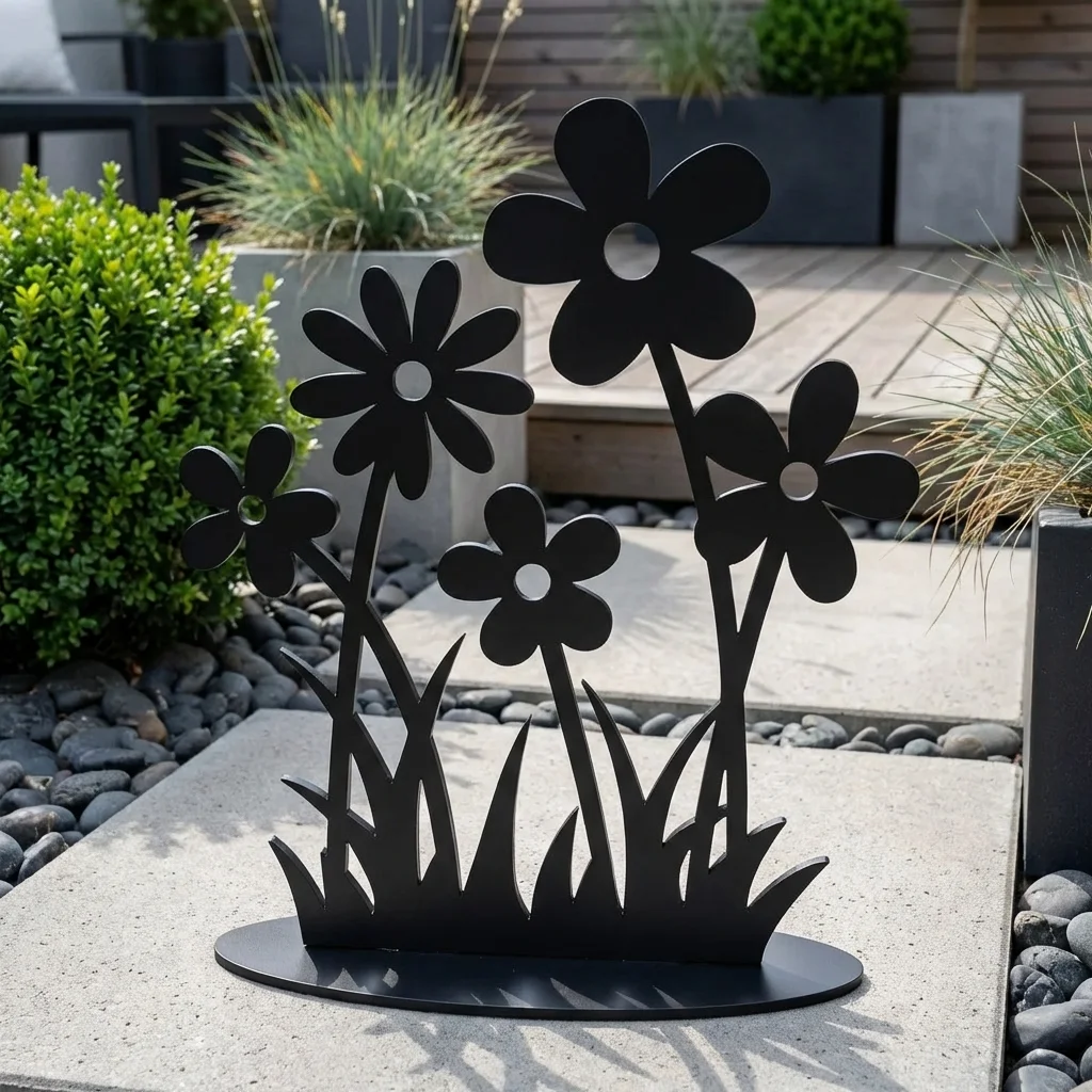 Polne kwiaty sylwetka ogrodowa – nowoczesna, wolnostojąca dekoracja z metalu w czarnym wykończeniu