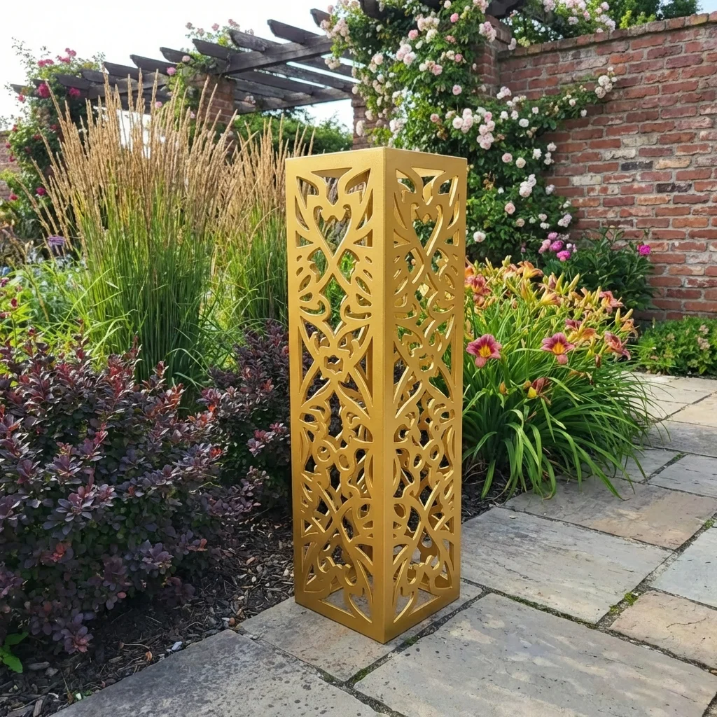 Kolumna ogrodowa metalowa „Serce Ogrodu” z symetrycznym, ażurowym wzorem ustawiona przy ścieżce ogrodowej