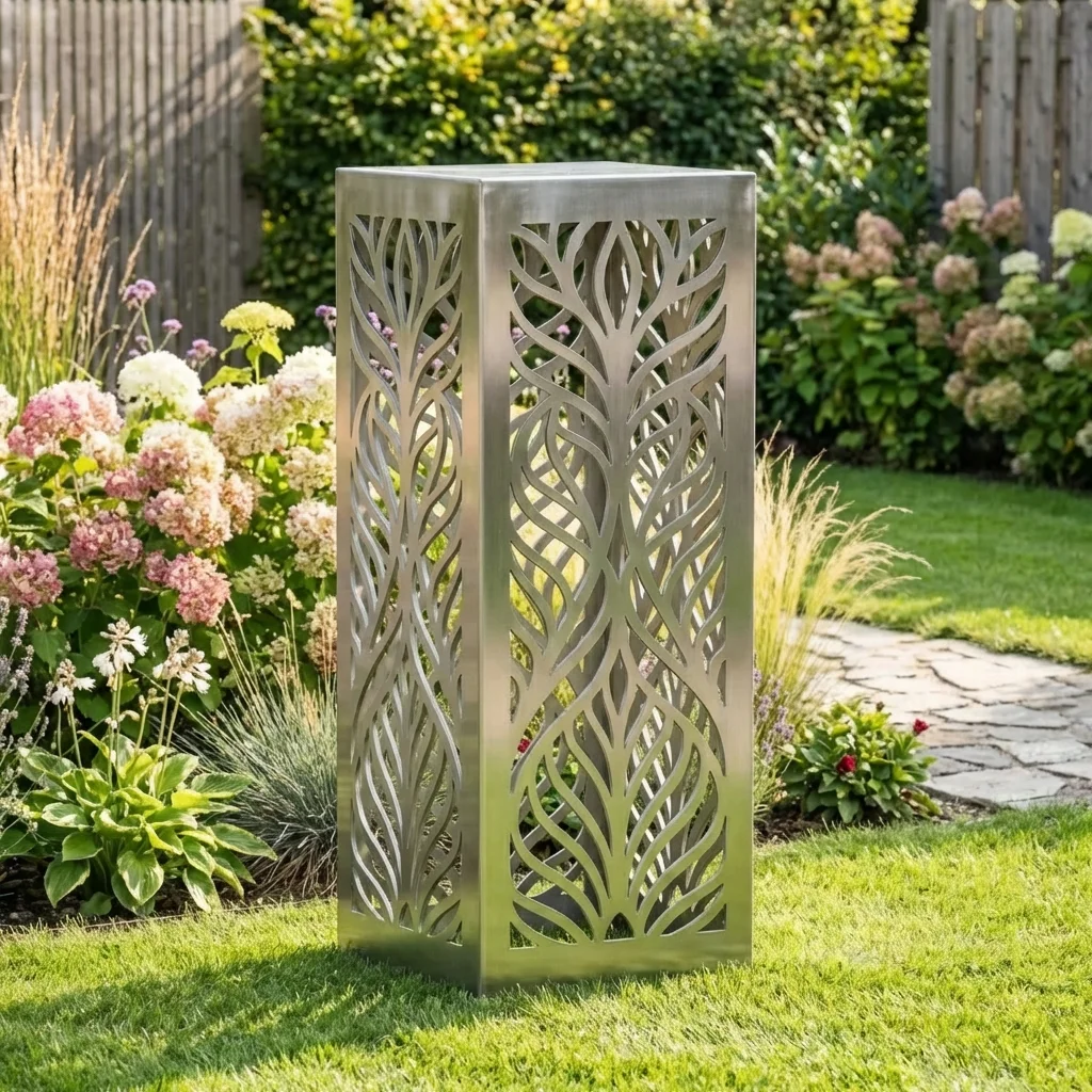 Kolumna ogrodowa metalowa „Nowoczesna Botanika” z ażurowym wzorem liści ustawiona na trawniku w eleganckim ogrodzie