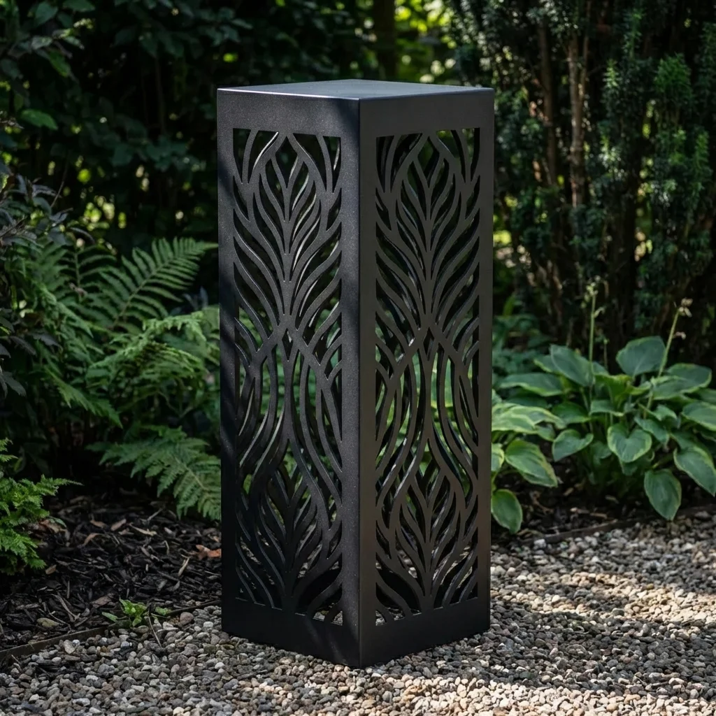 Kolumna ogrodowa metalowa „Cień Natury” z ażurowym wzorem liści ustawiona na żwirowej ścieżce w ogrodzie