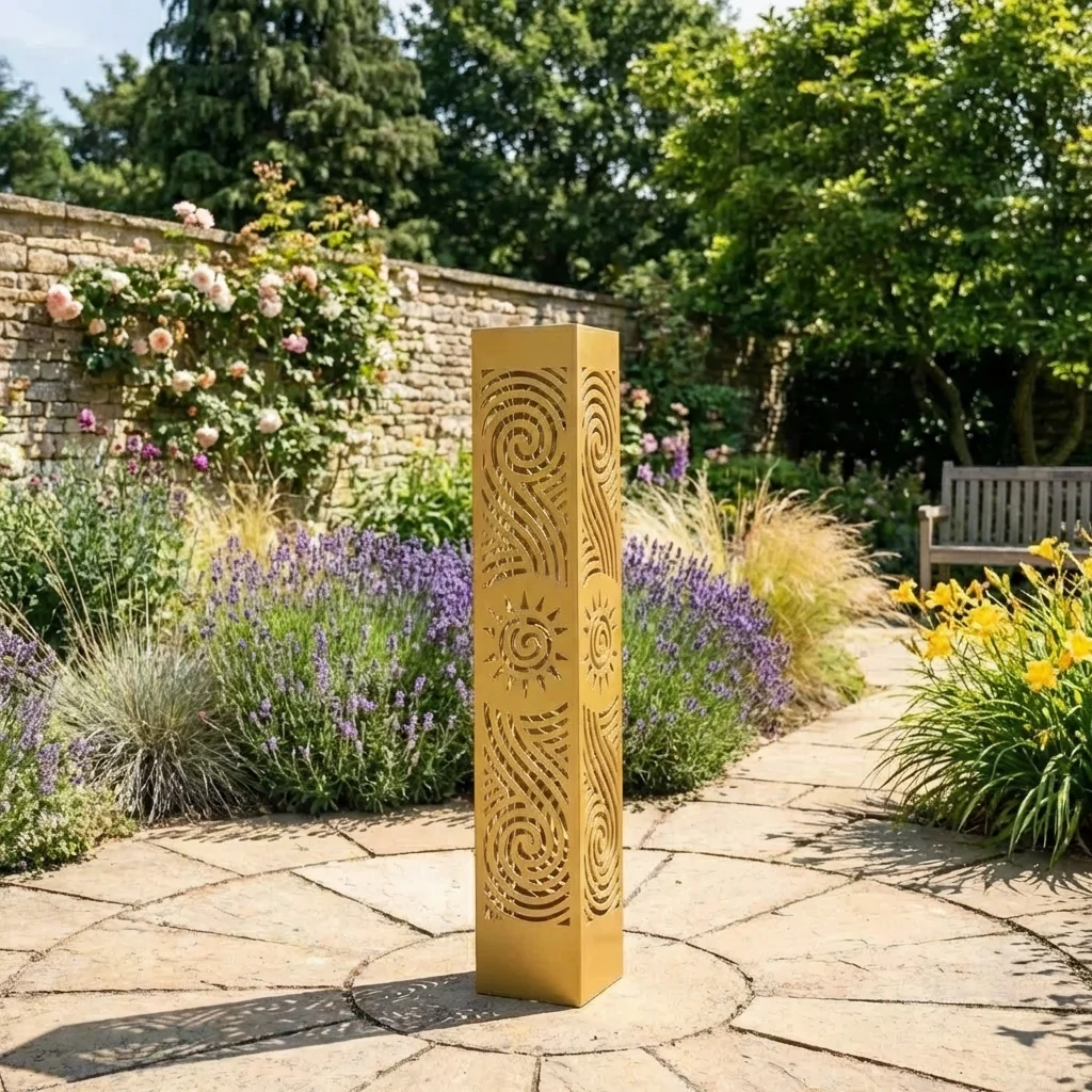 Kolumna ogrodowa metalowa Słoneczny Rytm z ażurowym, solarnym wzorem ustawiona przy ogrodowej ścieżce wśród roślin