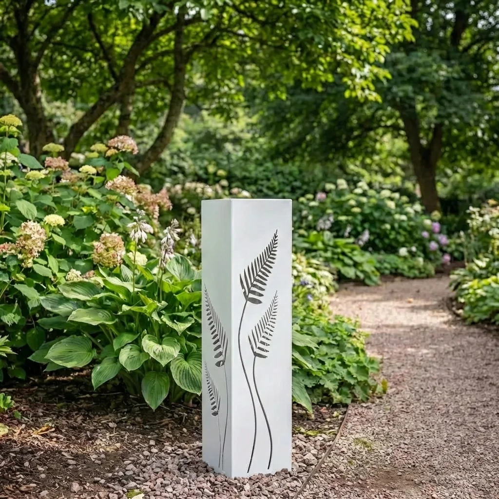 Biała kolumna ogrodowa metalowa „Ogród Paproci” z wyciętym motywem paproci ustawiona przy ścieżce w zielonym ogrodzie