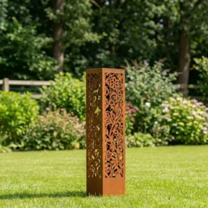 Kolumna ogrodowa metalowa „Ogród Kwiatów” w wykończeniu corten z florystycznym, ażurowym wzorem ustawiona na trawniku
