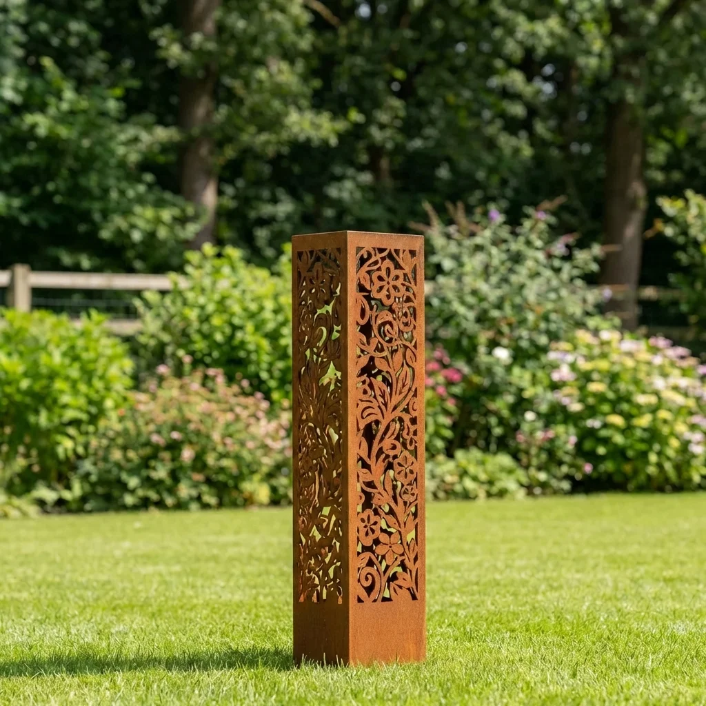 Kolumna ogrodowa metalowa „Ogród Kwiatów” w wykończeniu corten z florystycznym, ażurowym wzorem ustawiona na trawniku