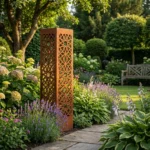 Kolumna ogrodowa metalowa „Gwiezdna Siatka” w wykończeniu corten z geometrycznym, ażurowym wzorem ustawiona przy ścieżce ogrodowej