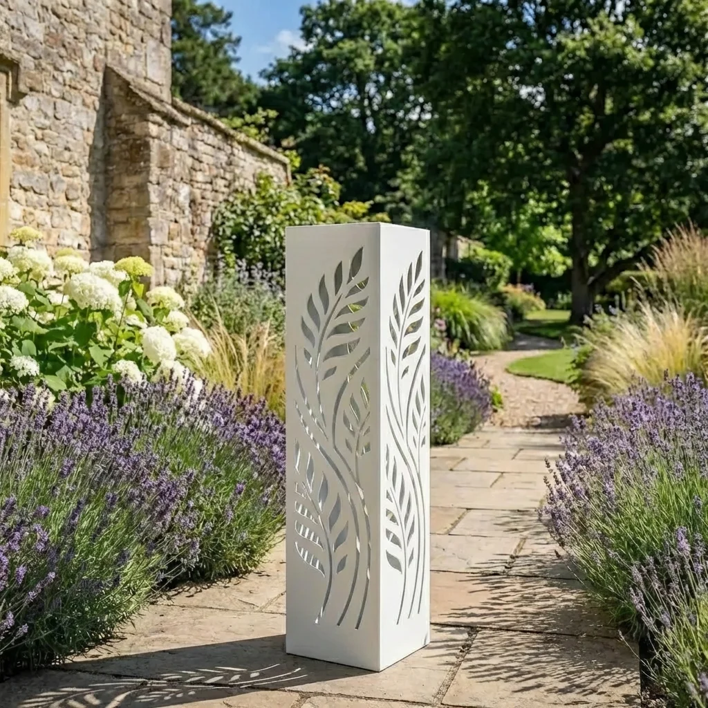Kolumna ogrodowa metalowa „Ogród Światła” z ażurowym motywem liści ustawiona przy kamiennej ścieżce w ogrodzie