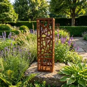 Kolumna ogrodowa metalowa „Leśny Rytm” z organicznym, ażurowym wzorem ustawiona wśród paproci i rabat ogrodowych