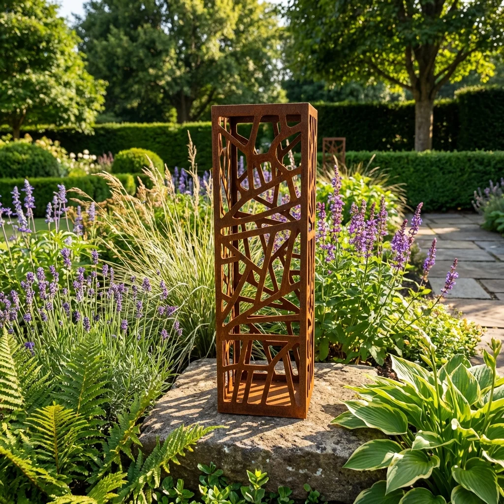 Kolumna ogrodowa metalowa „Leśny Rytm” z organicznym, ażurowym wzorem ustawiona wśród paproci i rabat ogrodowych