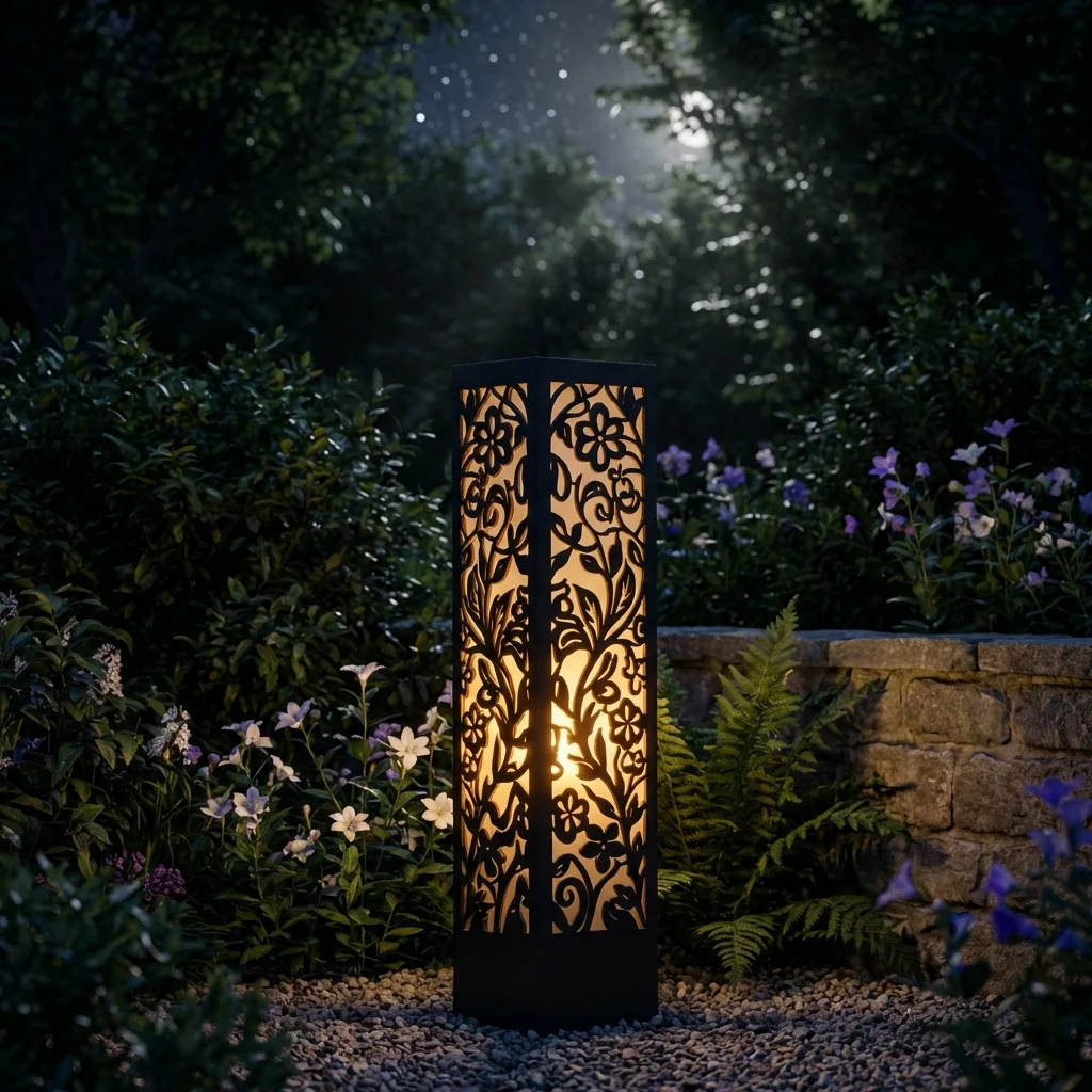 Metalowy lampion ogrodowy Ogród Kwiatów z florystycznym ażurowym wzorem w nocnej aranżacji ogrodu