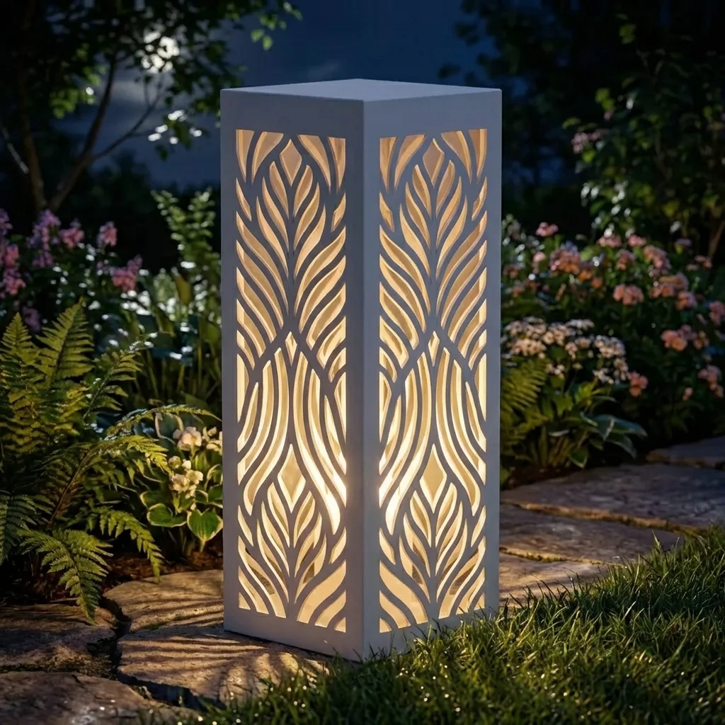 Metalowy lampion ogrodowy Cień Natury z organicznym ażurowym wzorem w nocnej aranżacji ogrodu
