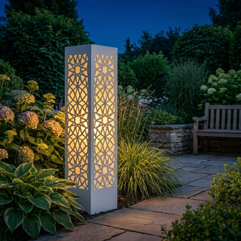 Metalowy lampion ogrodowy Gwiezdna Siatka z geometrycznym ażurowym wzorem w nocnej aranżacji ogrodu