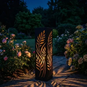 Metalowy lampion ogrodowy Ogród Światła z ażurowym wzorem w nocnej aranżacji ogrodu