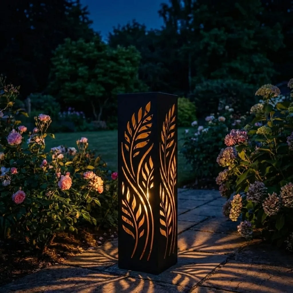 Metalowy lampion ogrodowy Ogród Światła z ażurowym wzorem w nocnej aranżacji ogrodu