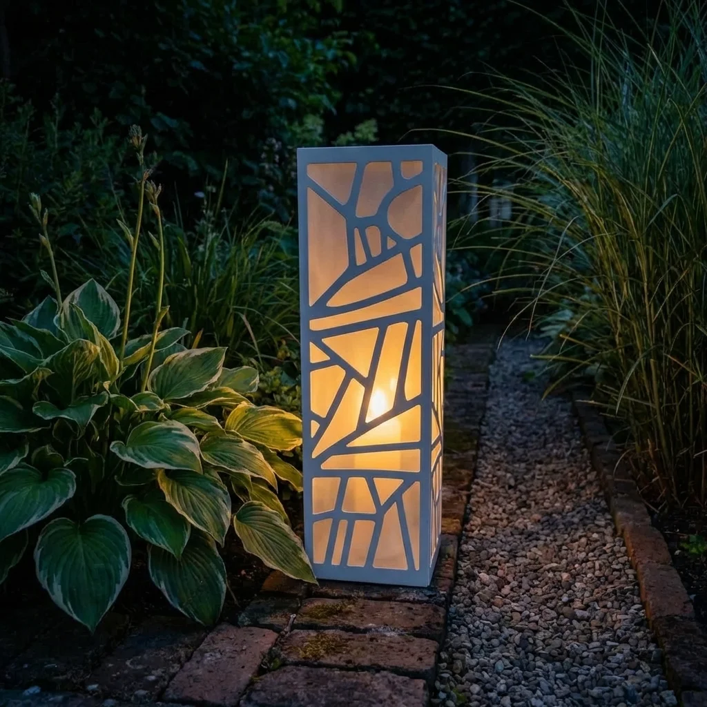 Metalowy lampion ogrodowy Leśny Rytm z organicznym ażurowym wzorem w nocnej aranżacji ogrodu