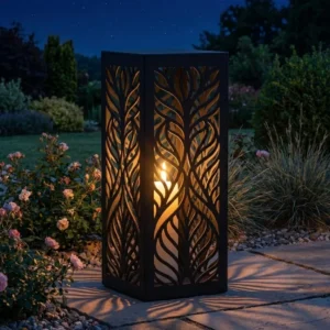 Metalowy lampion ogrodowy Nowoczesna Botanika z botanicznym ażurowym wzorem w nocnej aranżacji ogrodu