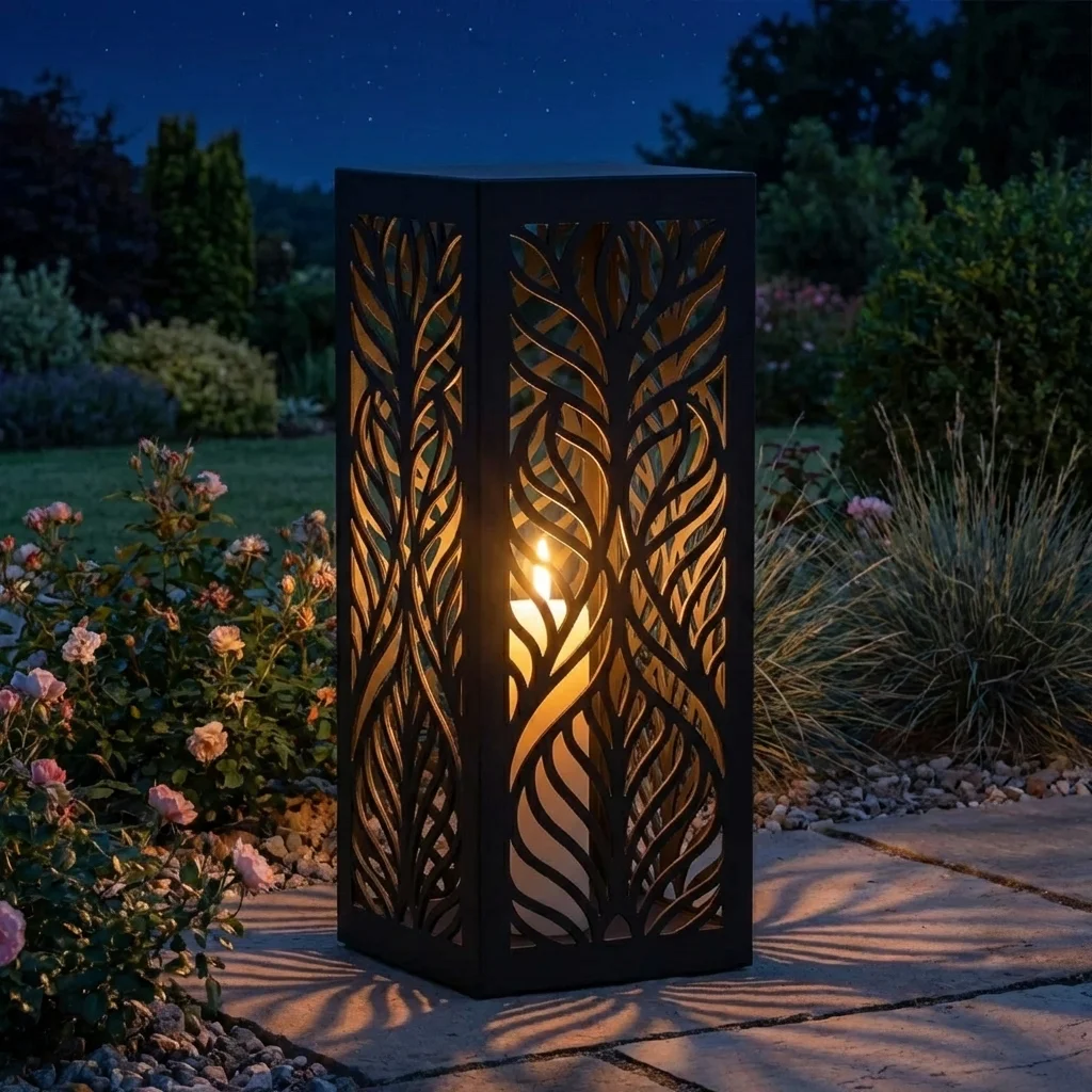 Metalowy lampion ogrodowy Nowoczesna Botanika z botanicznym ażurowym wzorem w nocnej aranżacji ogrodu