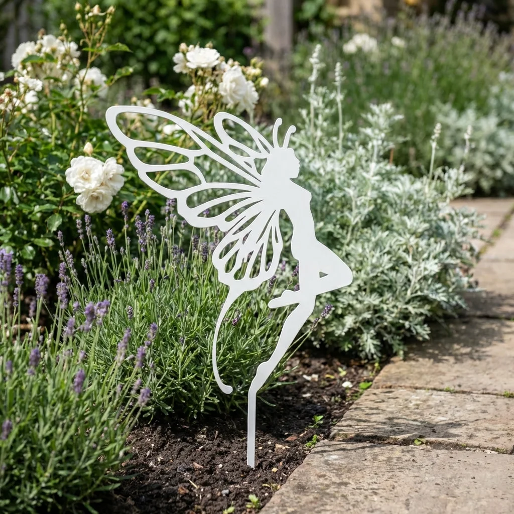 Metalowa dekoracja ogrodowa do wbicia Sylfa – ażurowa wróżka w rabacie kwiatowej