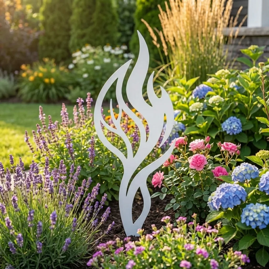 Metalowa dekoracja ogrodowa Płomień Ogrodu do wbicia w ziemię na rabacie wśród kwiatów