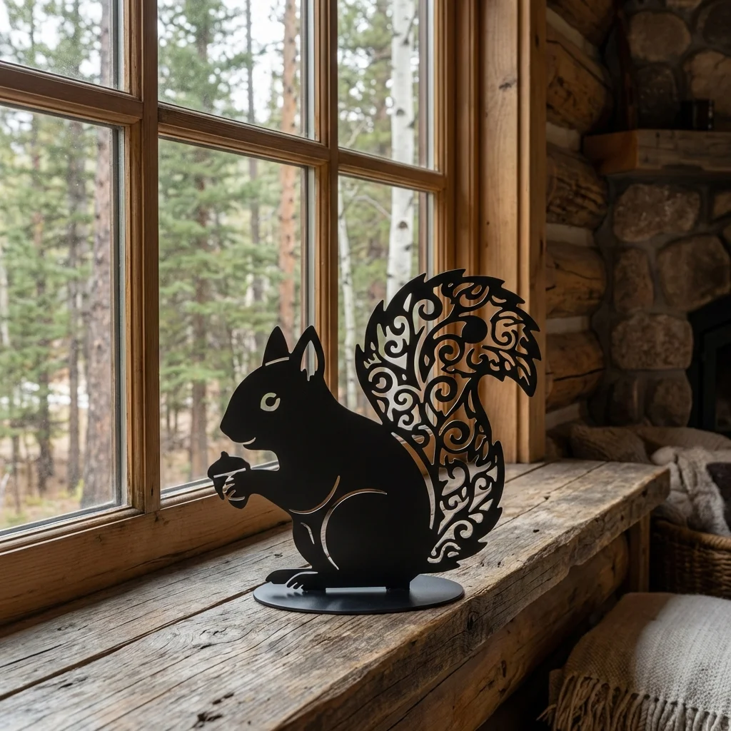 Dekoracja metalowa premium wiewiórka Leśna Wiewiórka – czarna rzeźba z ażurowym ogonem na podstawie