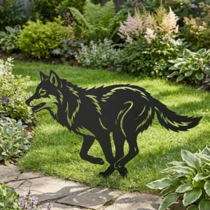 metalowa dekoracja ogrodowa wilk do wbicia w ziemię Wilk Leśny Biegacz w ogrodzie