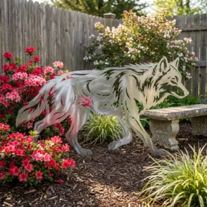 metalowa dekoracja ogrodowa wilk do wbicia w ziemię Wilk Leśny Wędrowiec w ogrodzie