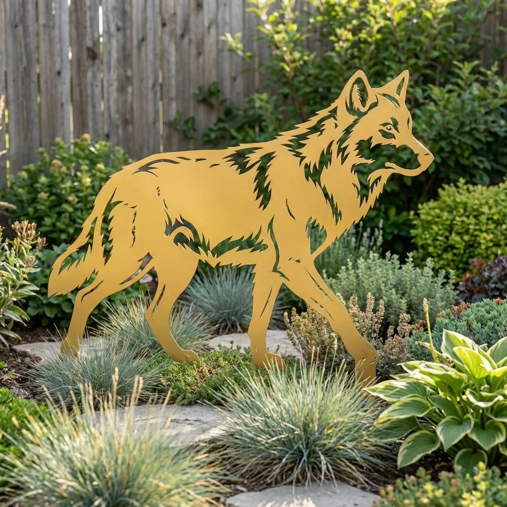 metalowa dekoracja ogrodowa wilk do wbicia w ziemię Wilk Strażnik Lasu w ogrodzie