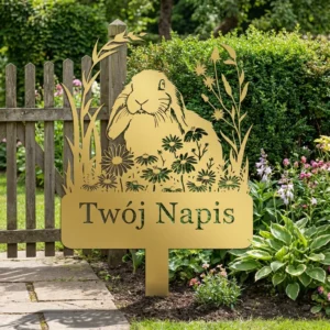 Dekoracja ogrodowa z napisem do wbicia w ziemię Witaj w Ogrodzie – personalizowana tabliczka z króliczkiem