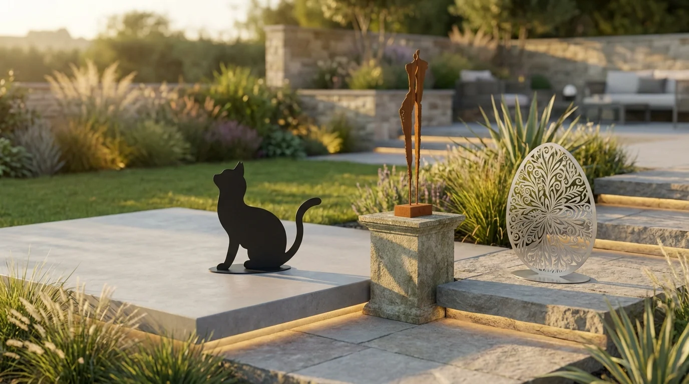 Metalowe dekoracje wolnostojące do ogrodu – przykładowe formy w aranżacji tarasu i ogrodu (corten, czarna stal, stal nierdzewna)