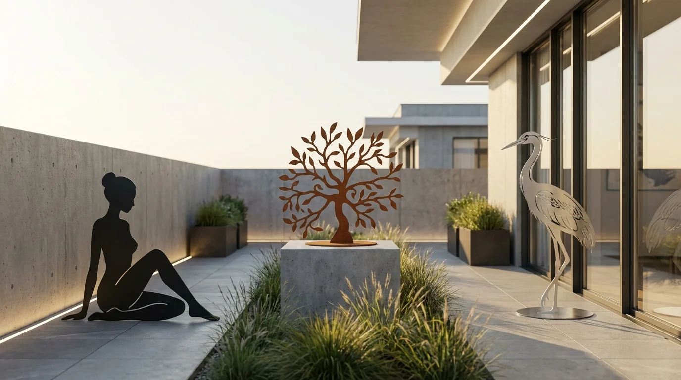 Nowoczesne rzeźby metalowe do ogrodu i na taras – minimalistyczne formy w stylu industrialnym (czarna stal, corten, stal nierdzewna)