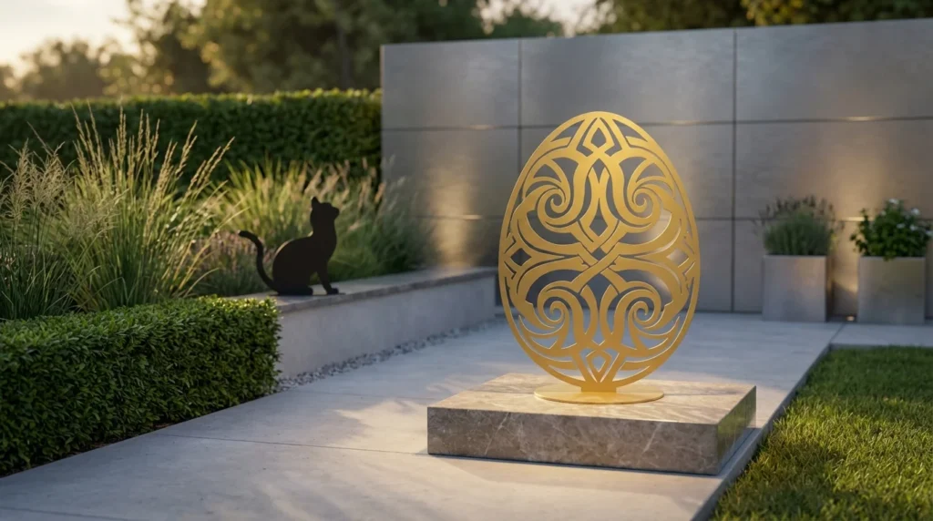 Metalowa dekoracja wolnostojąca jako punkt centralny ogrodu – efekt WOW w nowoczesnej aranżacji