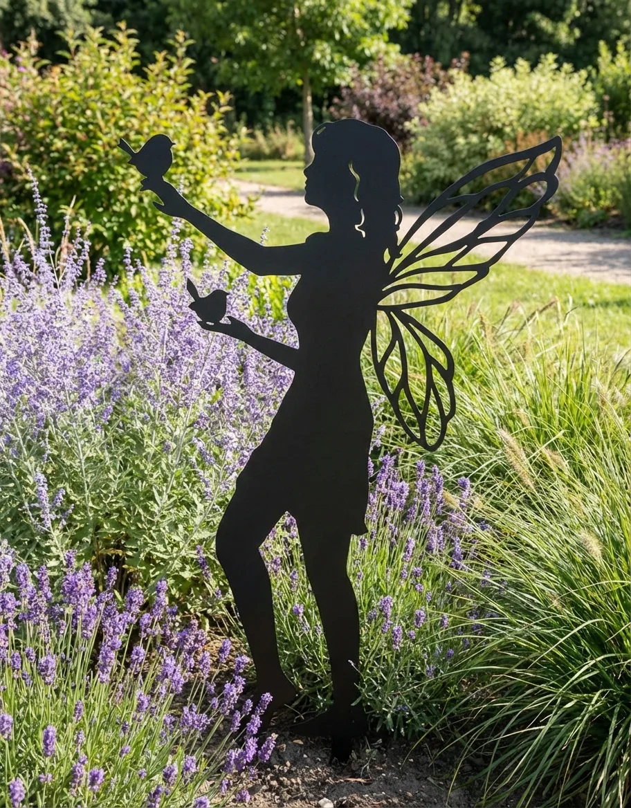 Dekoracja ogrodowa wróżka do wbicia w ziemię Opiekunka Ogrodu – metalowa wróżka ze skrzydłami i ptaszkami