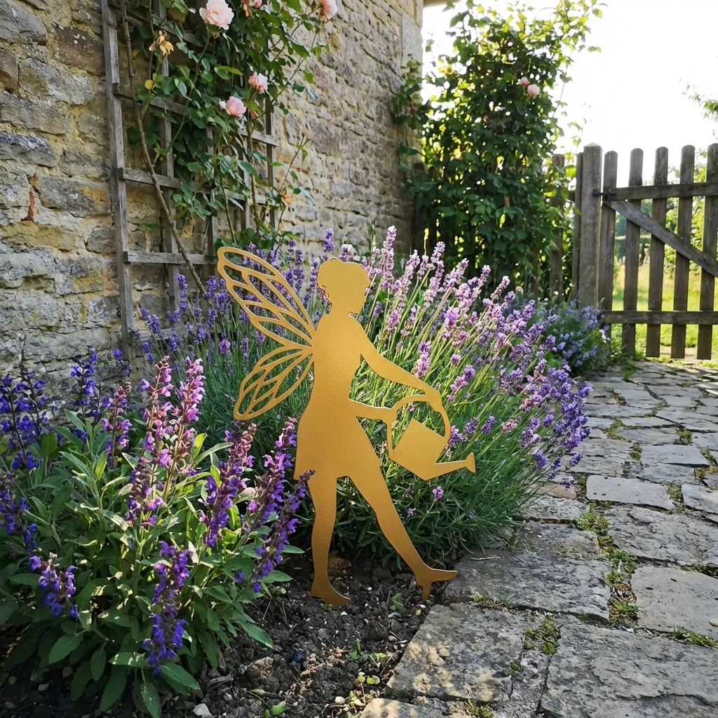 Metalowa dekoracja ogrodowa do wbicia Wróżka z Konewką na rabacie z lawendą