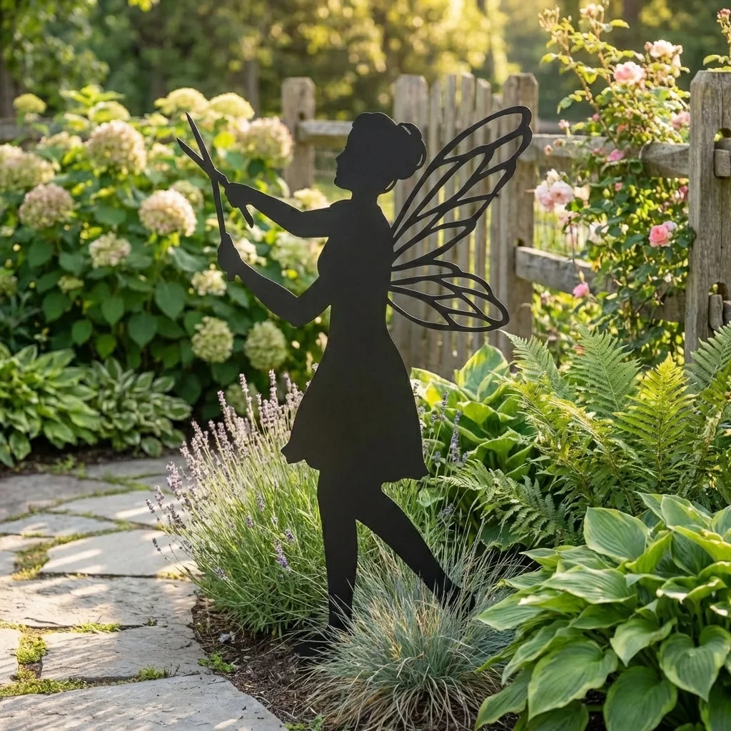 Metalowa dekoracja ogrodowa do wbicia Wróżka Twórczyni Ogrodu wśród roślin przy ścieżce