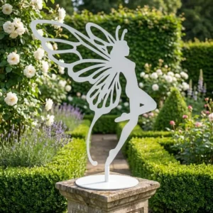 Metalowa dekoracja wolnostojąca wróżka Sylfa – biała rzeźba ze skrzydłami na podstawie