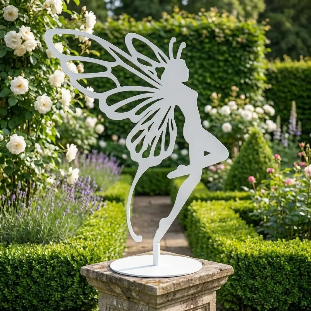 Metalowa dekoracja wolnostojąca wróżka Sylfa – biała rzeźba ze skrzydłami na podstawie
