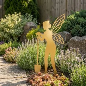 Metalowa dekoracja ogrodowa do wbicia Wróżka z Łopatką wśród kwiatów i lawendy