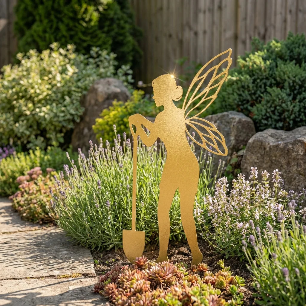 Metalowa dekoracja ogrodowa do wbicia Wróżka z Łopatką wśród kwiatów i lawendy