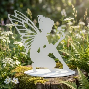 Dekoracja metalowa wolnostojąca wróżka Kwiatowa Opiekunka – biała rzeźba z kwiatem na podstawie