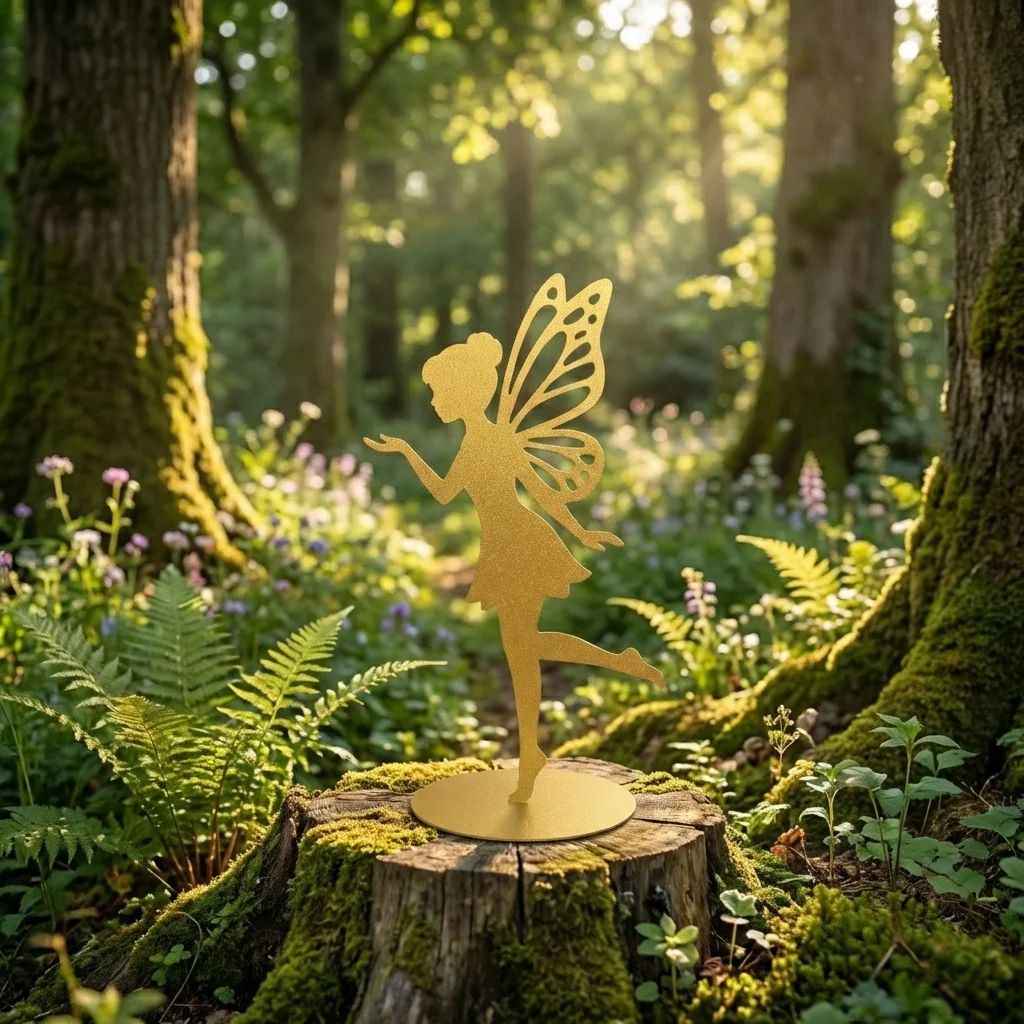 Dekoracja metalowa wolnostojąca wróżka Aurora Lasu – złota rzeźba na podstawie