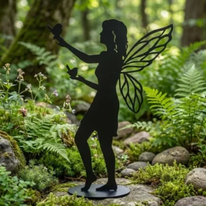 Metalowa rzeźba wolnostojąca wróżka Leśna Wróżka – dekoracja ogrodowa ze skrzydłami na podstawie