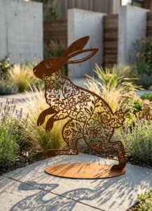 Kwiatowy zając sylwetka ogrodowa – ażurowa dekoracja z metalu w kolorze corten
