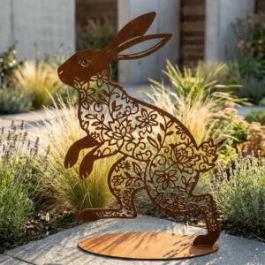 Kwiatowy zając sylwetka ogrodowa – ażurowa dekoracja z metalu w kolorze corten