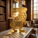 Zając Światła sylwetka geometryczna – złota, wolnostojąca dekoracja z metalu z wzorem heksagonów