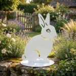 Metalowa rzeźba wolnostojąca zając Wiosenny Zając – biała dekoracja na podstawie