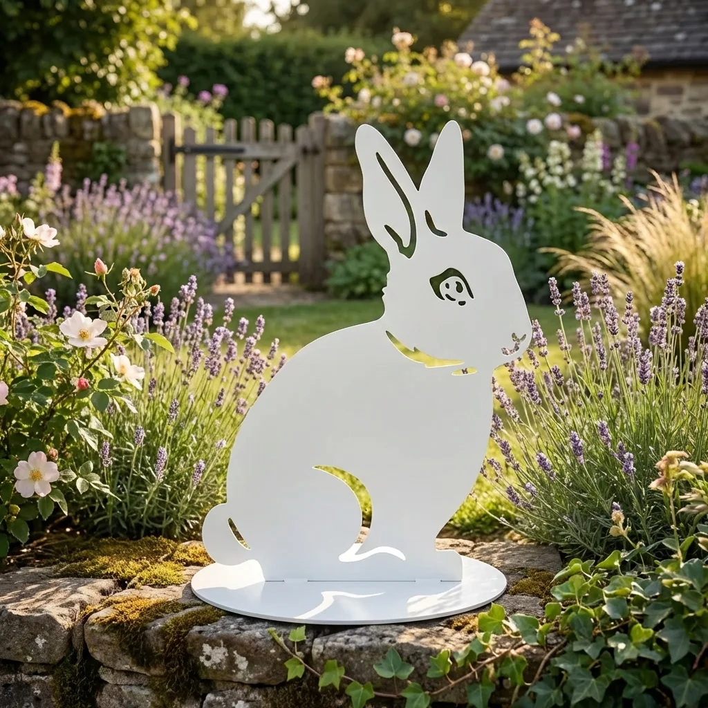 Metalowa rzeźba wolnostojąca zając Wiosenny Zając – biała dekoracja na podstawie